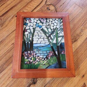 Framed Stained Glass Mosaic Landscape By Dale Tiffany With Cherry Wood Frame & H